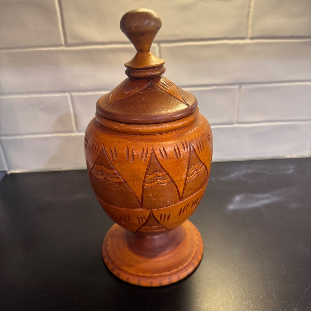 Hand Carved Wooden Urn Home Decor 11in Brown Geometric Tribal Pedestal Jar